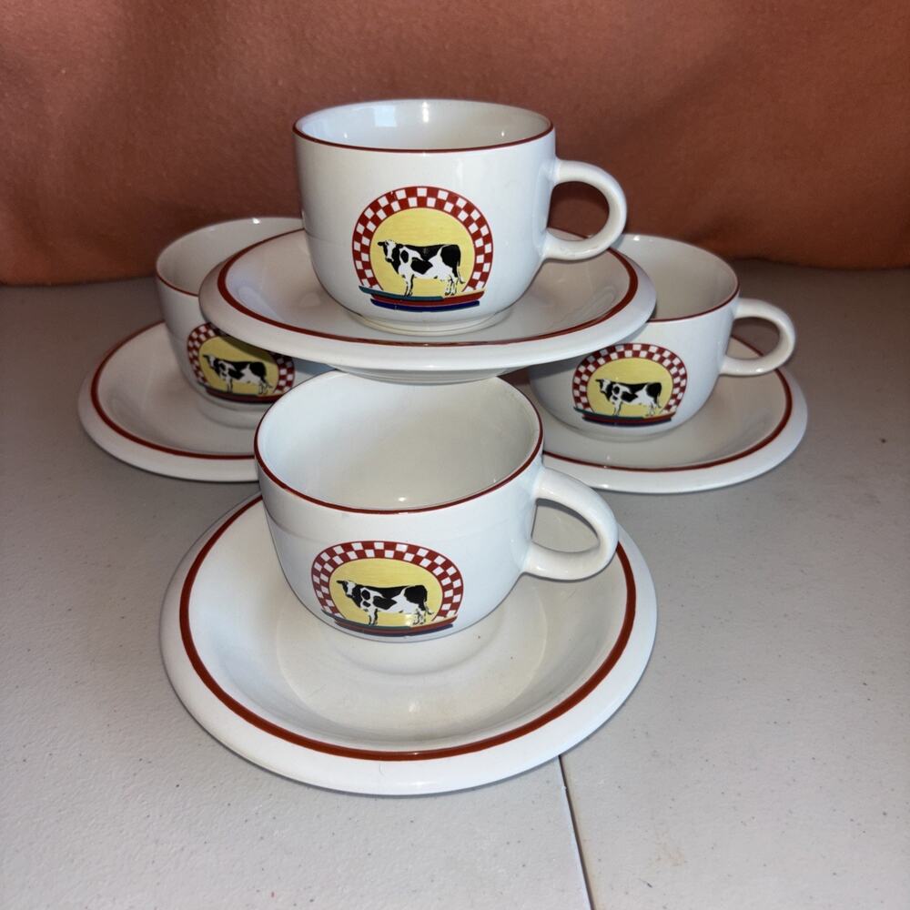 4 Century Stoneware Fannies Farm Cow Design 2.5" Cup & Saucer EUC